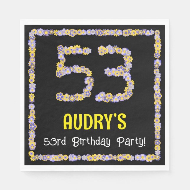 53rd Birthday: Floral Flowers Number, Custom Name Napkin (Front)