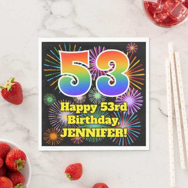 53rd Birthday: Fun Fireworks Pattern + Rainbow 53 Napkin (Insitu)