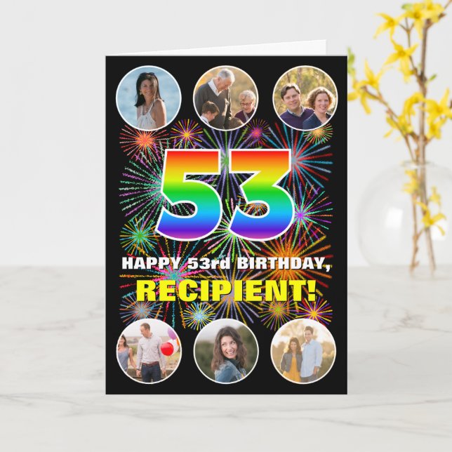 53rd Birthday: Fun Rainbow #, Custom Name & Photos Card (Yellow Flower)