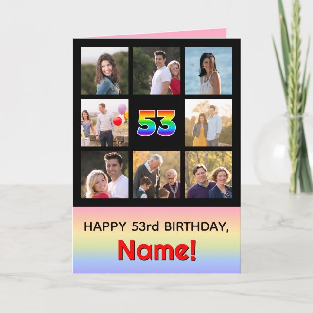 53rd Birthday: Fun Rainbow #, Custom Photos + Name Card (Front)