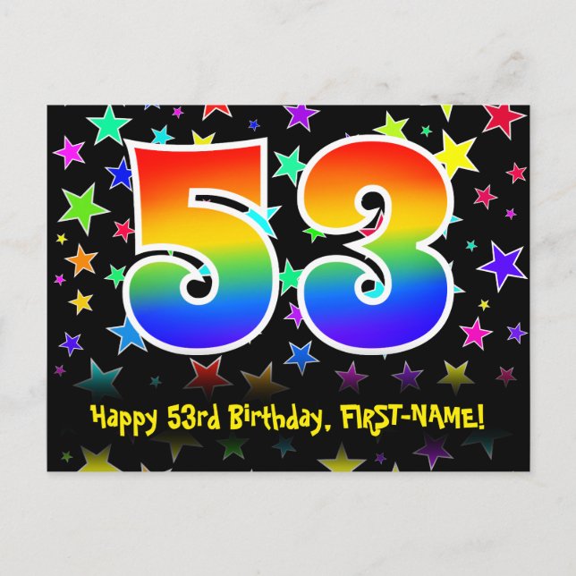 53rd Birthday: Fun Stars Pattern, Rainbow 53, Name Postcard (Front)
