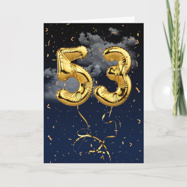 53rd Birthday Gold Mylar Balloon and Confetti Card (Front)