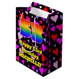 53rd Birthday: Loving Hearts Pattern, Rainbow # 53 Medium Gift Bag
