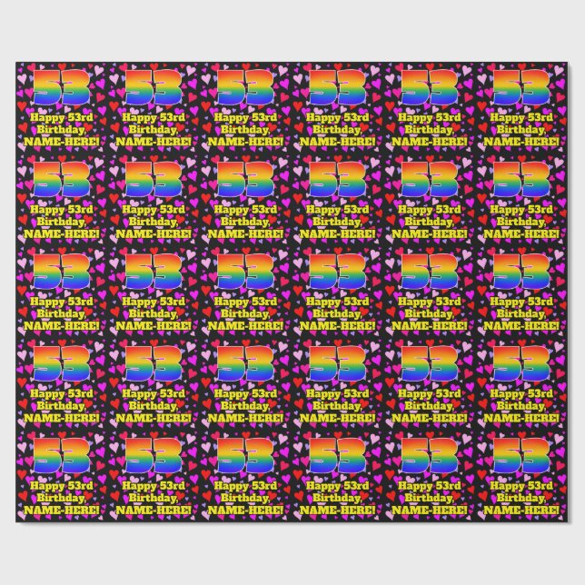 53rd Birthday: Loving Hearts Pattern, Rainbow # 53 Wrapping Paper (Flat)