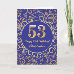 53rd Birthday Navy Blue and Gold Floral Pattern Card