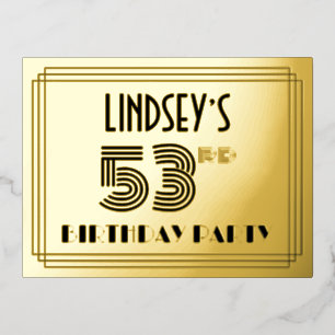 53rd Birthday Party ~ Art Deco Style “53” + Name Foil Invitation Postcard