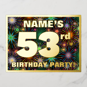 53rd Birthday Party: Bold, Colourful Fireworks Loo Foil Invitation Postcard