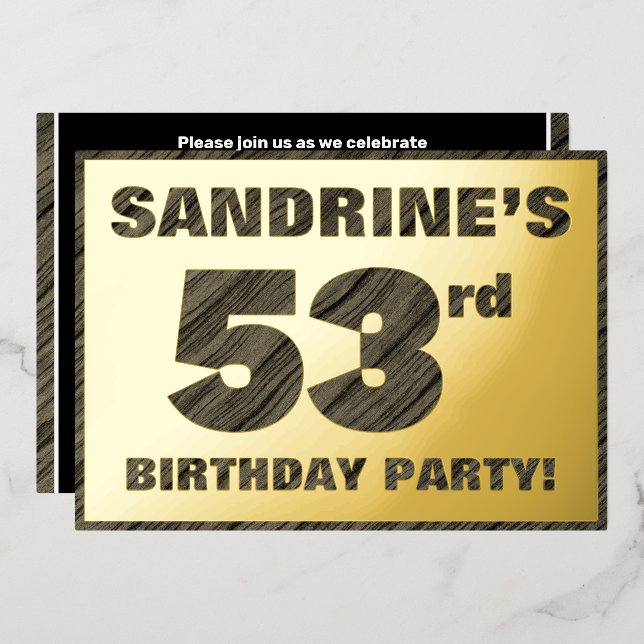 53rd Birthday Party — Bold, Faux Wood Grain Text (Front/Back)