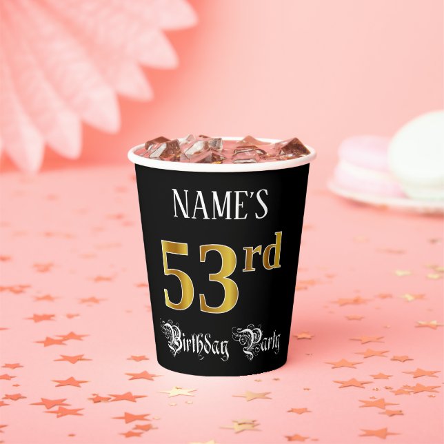 53rd Birthday Party — Fancy Script, Faux Gold Look Paper Cups (Insitu)