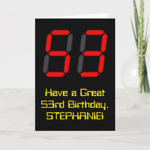 53rd Birthday: Red Digital Clock Style "53" + Name Card