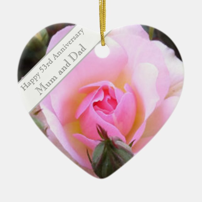 53rd Wedding Anniversary Pink Rose Ceramic Ornament (Front)