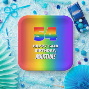 54th Birthday: Colourful, Fun Rainbow Pattern # 54 Paper Plate