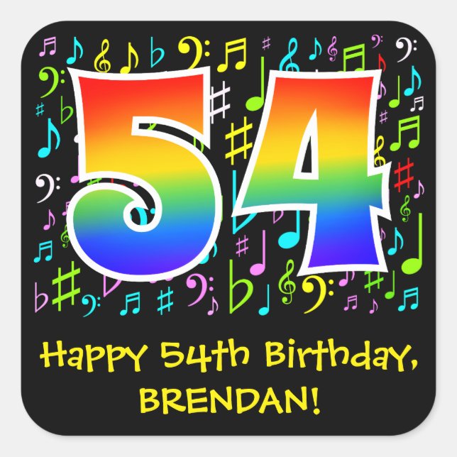 54th Birthday: Colourful Music Symbols, Rainbow 54 Square Sticker (Front)