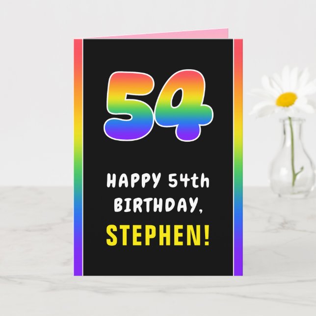 54th Birthday: Colourful Rainbow # 54, Custom Name Card (Small Plant)