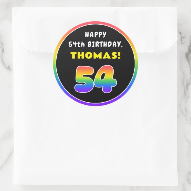 54th Birthday: Colourful Rainbow # 54, Custom Name Classic Round Sticker (Bag)