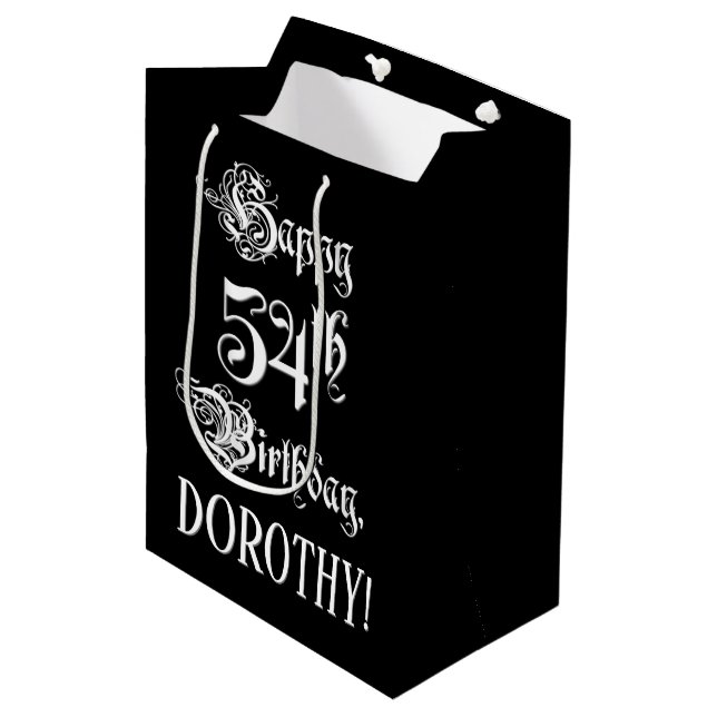 54th Birthday: Fancy, Elegant Script + Custom Name Medium Gift Bag (Front Angled)