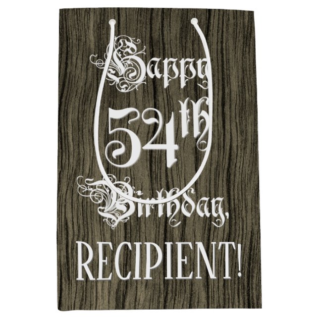 54th Birthday: Fancy, Faux Wood Look + Custom Name Medium Gift Bag (Front)