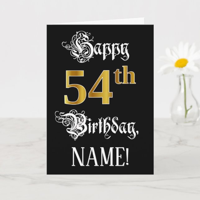 54th Birthday — Fancy Script; Faux Gold Look; Name Card (Small Plant)