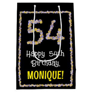 54th Birthday: Floral Flowers Number, Custom Name Medium Gift Bag