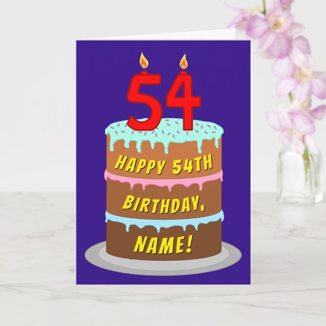 54th Birthday: Fun Cake and Candles + Custom Name Card (Orchid)