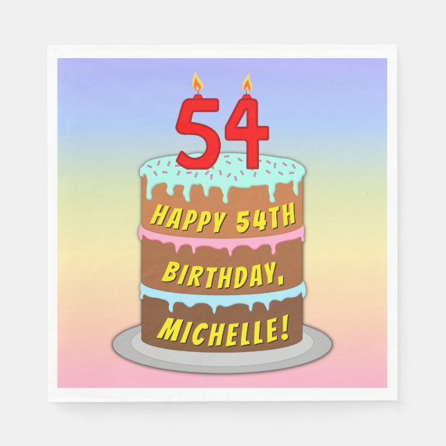 54th Birthday: Fun Cake and Candles + Custom Name Napkin (Front)