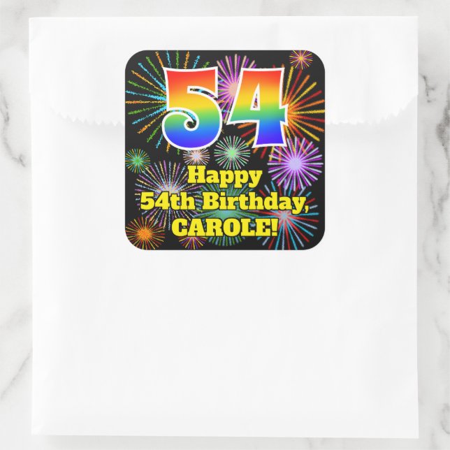 54th Birthday: Fun Fireworks Look, Rainbow # 54 Square Sticker (Bag)