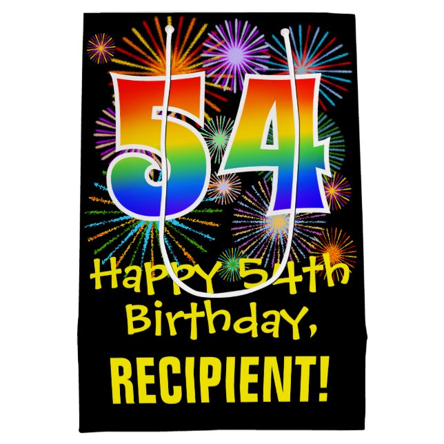 54th Birthday: Fun Fireworks Pattern + Rainbow 54 Medium Gift Bag (Back)