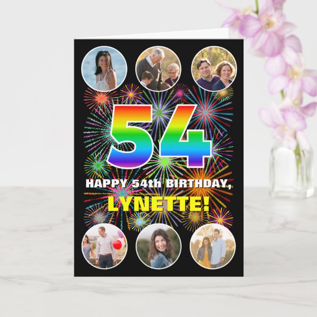 54th Birthday: Fun Rainbow #, Custom Name & Photos Card (Orchid)