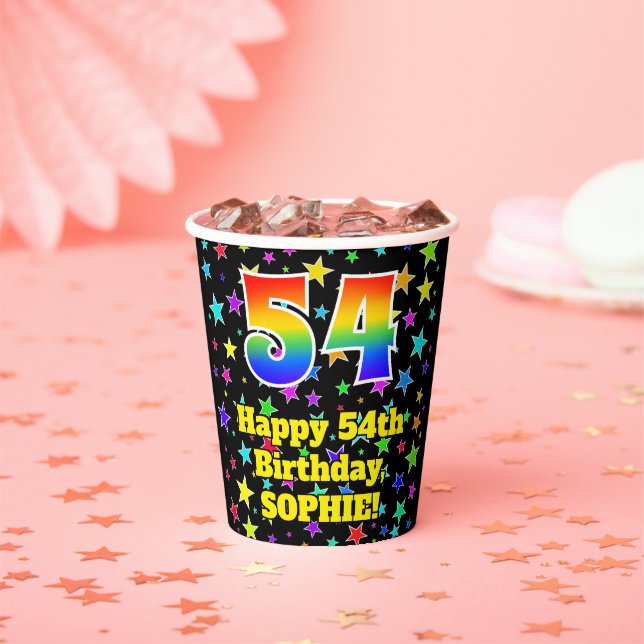 54th Birthday: Fun Stars Pattern and Rainbow 54 Paper Cups (Insitu)