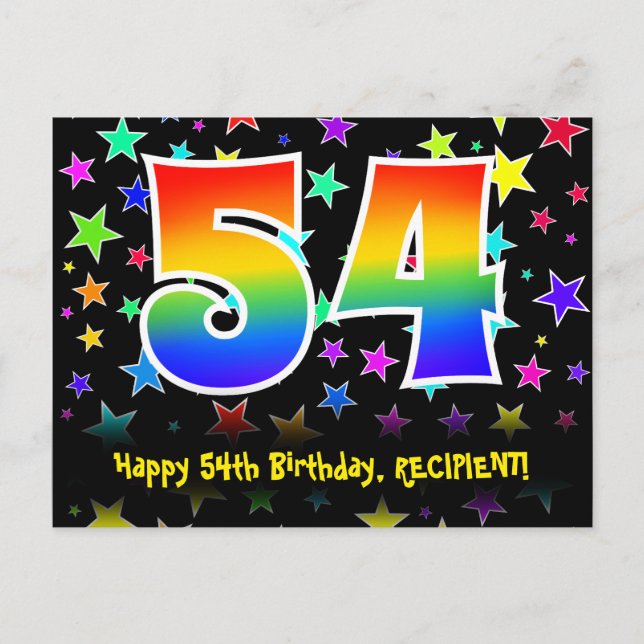 54th Birthday: Fun Stars Pattern, Rainbow 54, Name Postcard (Front)