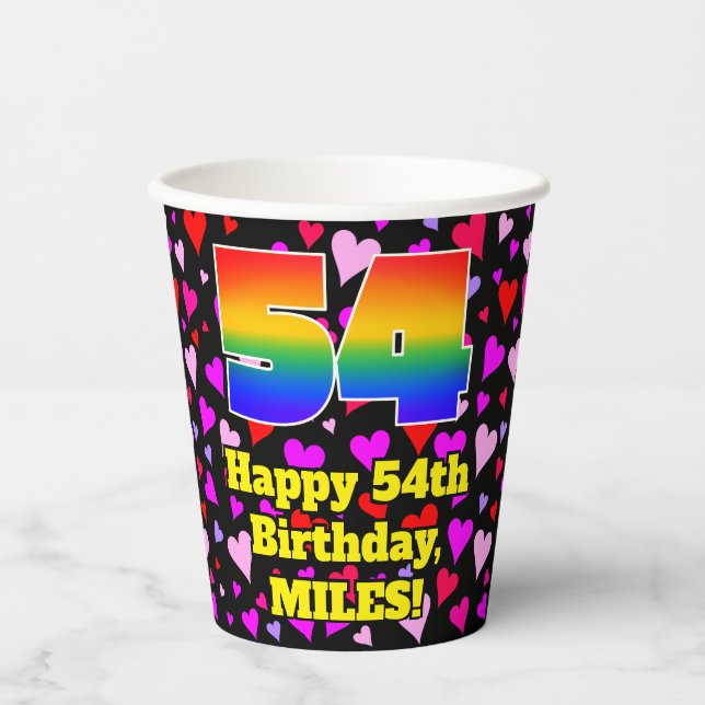 54th Birthday: Loving Hearts Pattern, Rainbow 54 Paper Cups (Front)