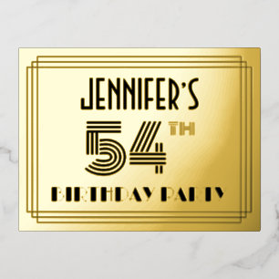 54th Birthday Party ~ Art Deco Style “54” + Name Foil Invitation Postcard