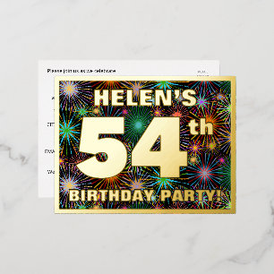 54th Birthday Party: Bold, Colourful Fireworks Loo Foil Invitation Postcard