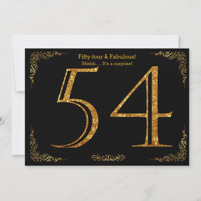 54th Birthday party,Gatsby styl,black gold glitter Invitation (Front)