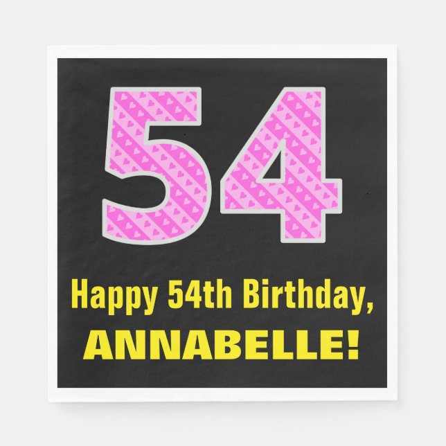 54th Birthday: Pink Stripes and Hearts "54" + Name Napkin (Front)