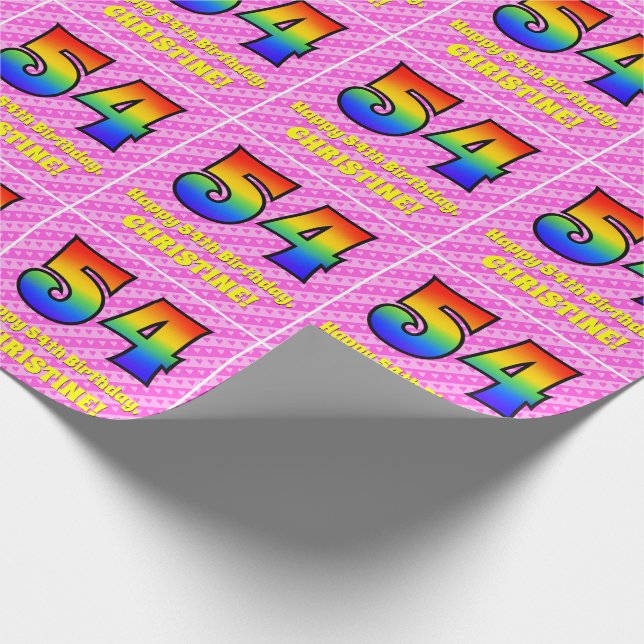54th Birthday: Pink Stripes & Hearts, Rainbow # 54 Wrapping Paper (Corner)
