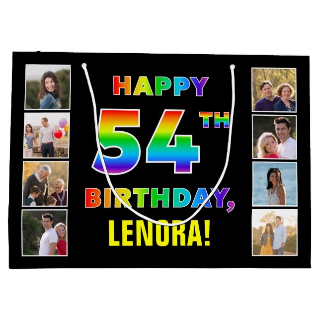 54th Birthday: Rainbow Text, Custom Photos & Name Large Gift Bag (Back)