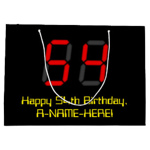 54th Birthday: Red Digital Clock Style "54" + Name Large Gift Bag