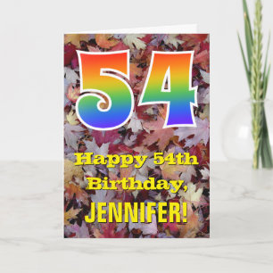 54th Birthday; Rustic Autumn Leaves; Rainbow "54" Card