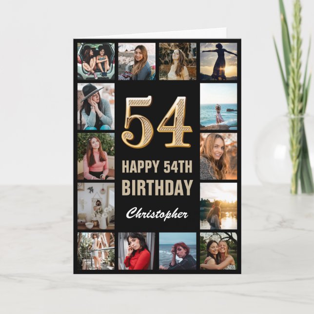 54th Happy Birthday Black and Gold Photo Collage Card (Front)