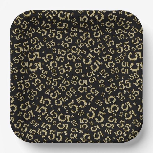  55’th Black/Gold  Random Number Pattern  Paper Plate (Front)