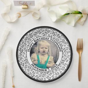 55 Your Photo Random Number Pattern Black/White Paper Plate