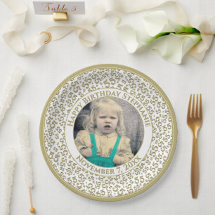 55 Your Photo Random Number Pattern Gold/White Paper Plate