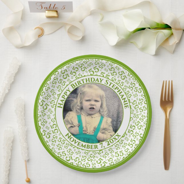 55 Your Photo Random Number Pattern Green/White Paper Plate (Wedding)