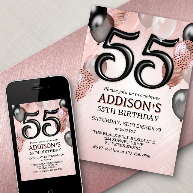 55e anniversaire Rose Gold Ballons Invitation (Créateur téléchargé)