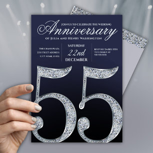 55th Anniversary Diamond Silver Navy Blue Modern Invitation