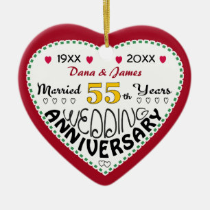 55th Anniversary gift heart shaped Christmas Ceramic Ornament