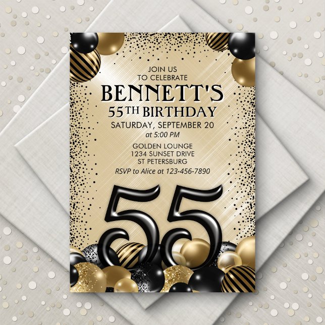 55th Balloons Black Gold Birthday Invitation (Creator Uploaded)