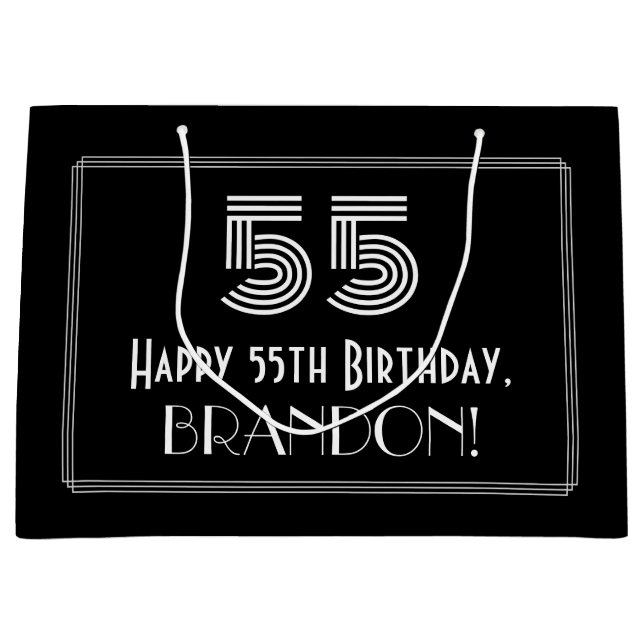 55th Birthday — Art Deco Inspired Look "55" & Name Large Gift Bag (Front)