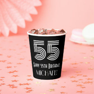 55th Birthday — Art Deco Inspired Look “55” + Name Paper Cups